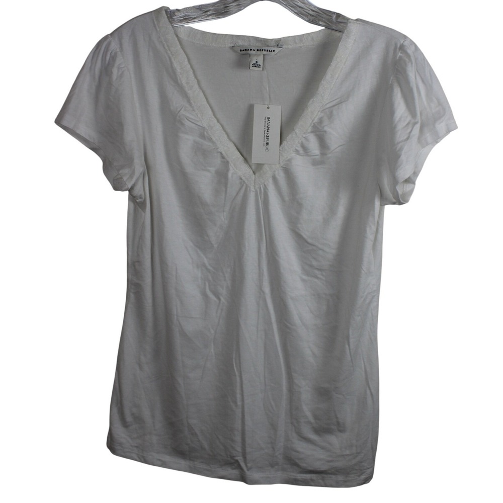 Banana Republic White Lace Trim V Neck Short Sleeve T Shirt Womens‎ Size S